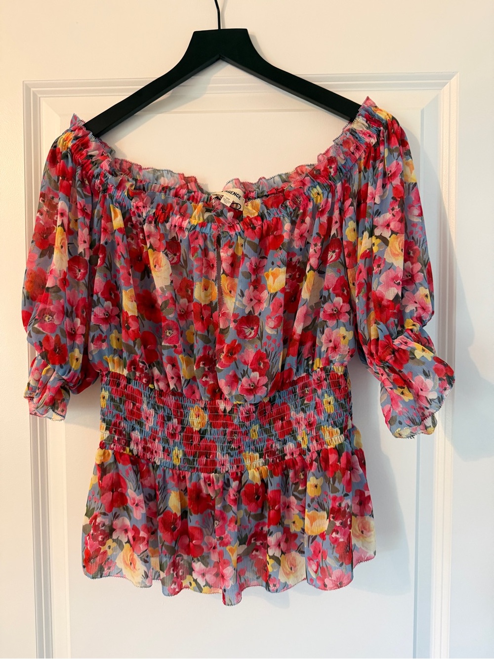 L'AGENCE Pink Multi Floral Off-Shoulder Smocked Peplum Top